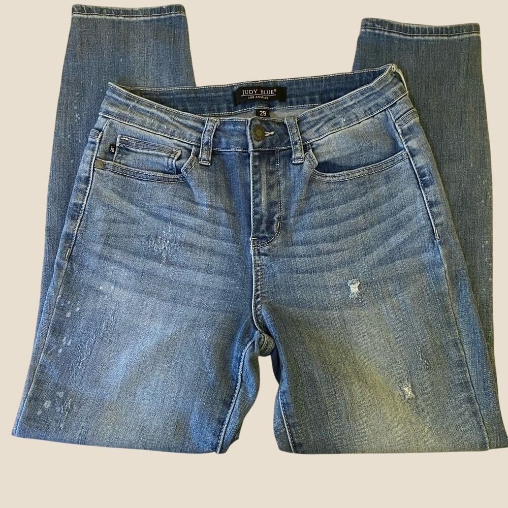 Judy Blue Size 29 Relaxed‎ Fit Jeans Distressed Whiskers Beach Splash Med Wash